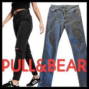 Pull & Bear Black Distressed Button Fly Skinny Ankle Jeans (31x29)